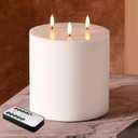 White 3 Wick Flameless Candle with Remote, 6x6 inch Giant LED Pillar Candle, Battery Operated Real Wax Flickering