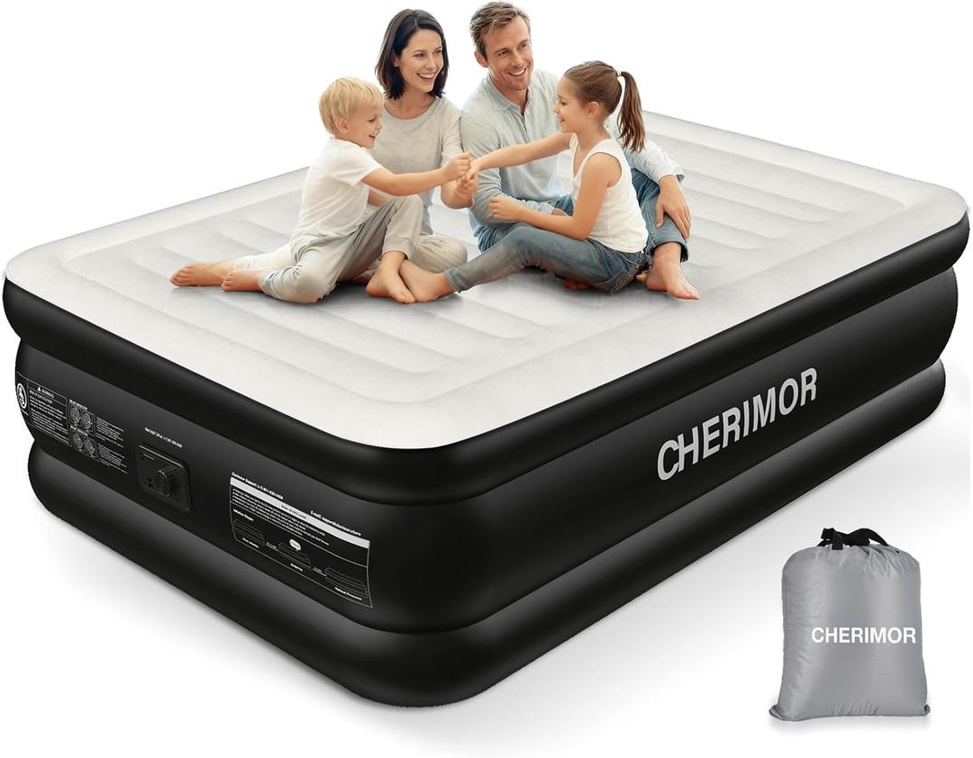 CHERIMOR Air Mattress Queen with Built in Pump, Inflatable Blow Up Mattress 18" Raised, Multi-Layer Leakproof, Heavy-Duty Support 800 lbs, Air Bed Queen Size for Home Guests Camping, 3-Min Inflation