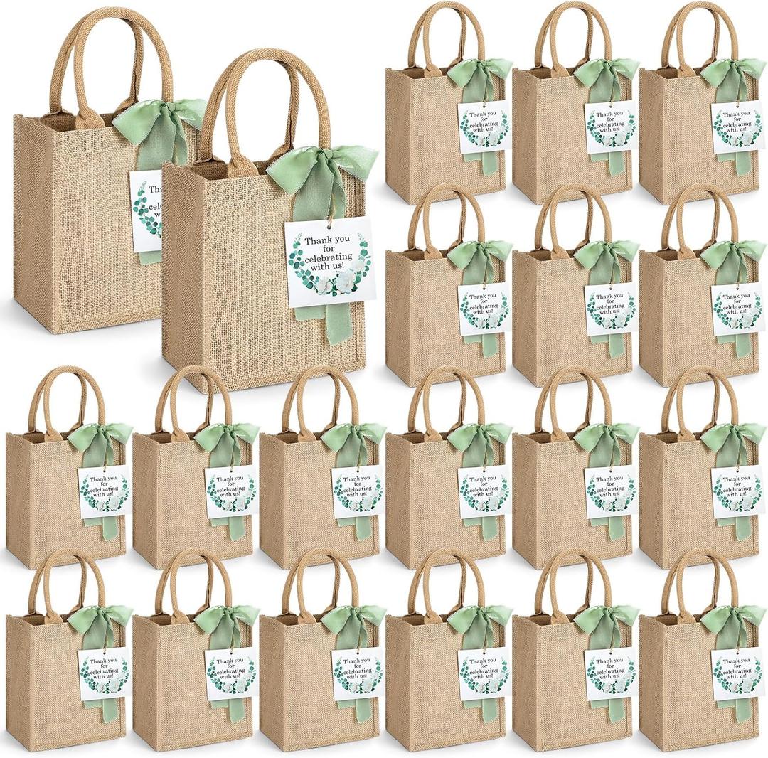 20 Pack Burlap Tote Gift Bags with Handles for Bridesmaid Bachelorette Wedding, 7.9 x 9.8 x 5.9 Inches Buk Reusable Jute Welcome Proposal Bags Baby Shower Wedding Party Supplies(Sage Green)