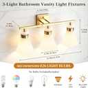 Brushed Gold Bathroom Vanity Lights, 3-Light Bathroom Light fixtures Over Mirror, Modern Vanity Lighting Fixtures with Frosted Glass Shades E26 Base,Wall Mount Scones for Mirror (Bulbs Not Included)