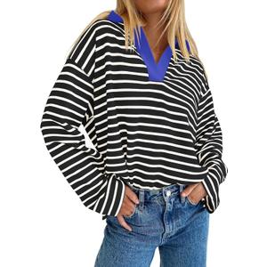 ZESICA Womens Striped Long Sleeve Tops Oversized Sweatshirt V Neck Loose Fit Tunic Tops Spring Casual Blouses (Black, M)