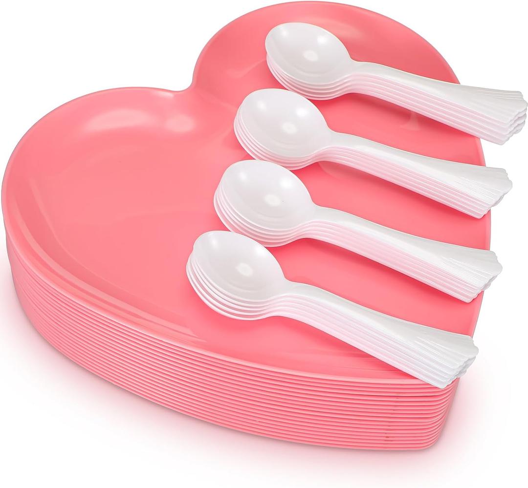 Layhit 8 Pieces Valentines Heart Shaped Plates Valentines Day Heart Shaped Food Tray Salad Dessert Plate for Party Supplies(Pink)