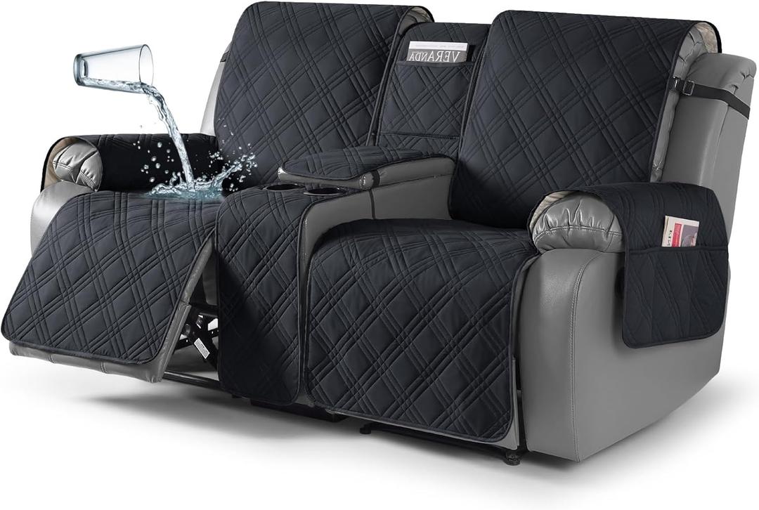 TAOCOCO Waterproof Loveseat Recliner Cover with Console, Non-Slip Reclining Loveseat with Console Cover with Pocket, Split Recliner Sofa Covers Furniture Protector for Pets Dogs(2 Seater, Black)