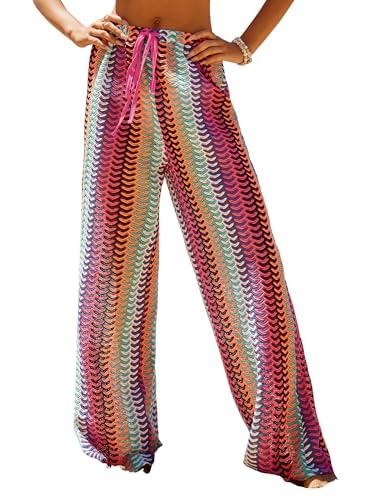 ZAFUL Womens Beach Cover Up Pants Sexy Crochet Drawstring Elastic Boho Swimsuit Cover Up Long Pants Beach Wear Multicolor M