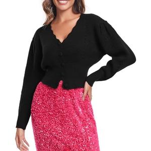 Women's Puff Short Sleeve Sweater V-Neck Button Knit Tops Crochet Soft Knitwear,M