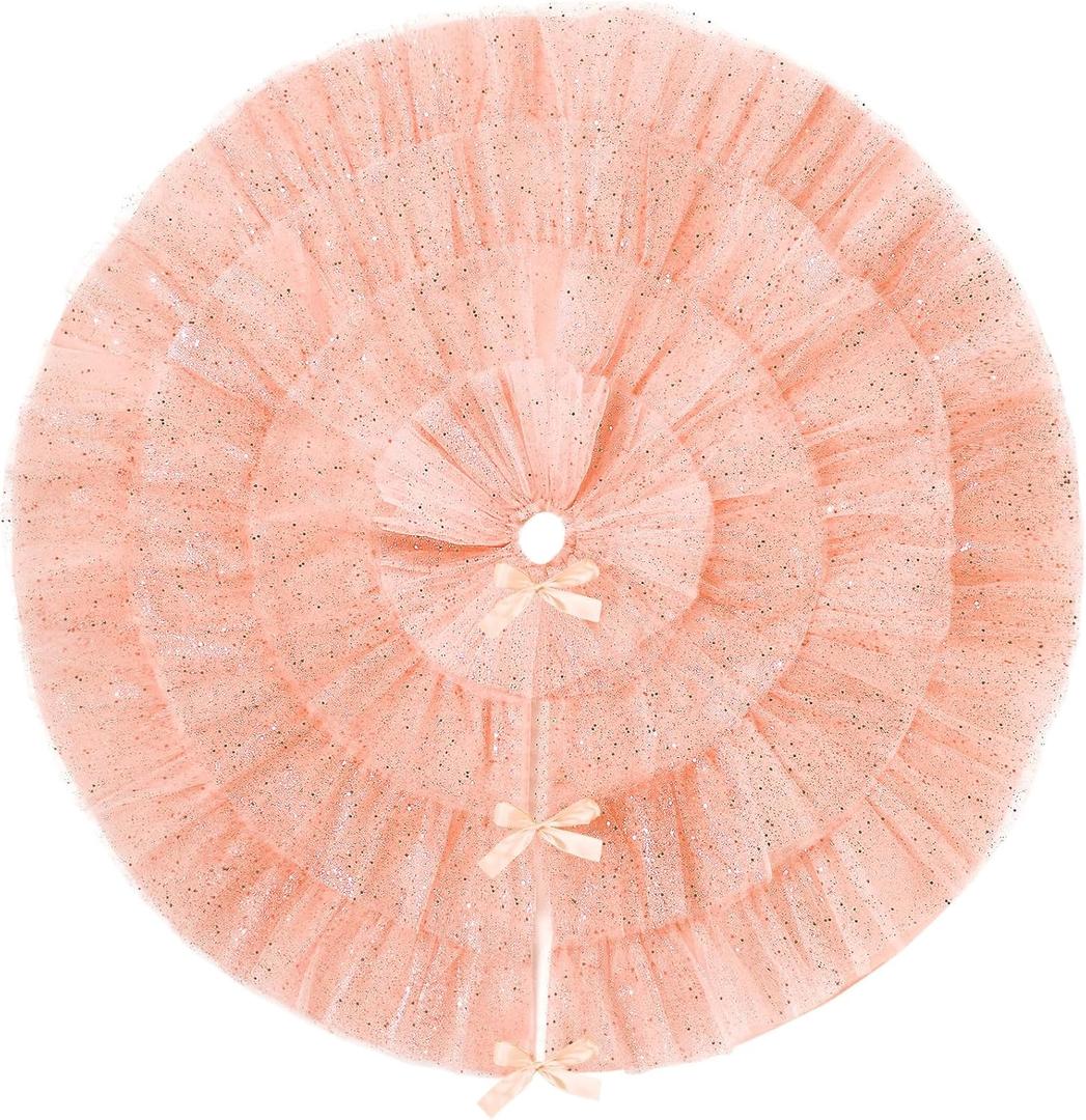 Tatuo Christmas Tree Skirt Wedding Ruffle 4 Layer Tulle Round Fluffy Sparkly Skirt Tree Mat Ornament for Christmas Holiday Decoration(31.5 Inches,Rose Gold)