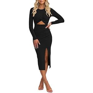 Pink Queen Women's Crew Neck Long Sleeve Midi Dress Cutout Twist Front Bodycon Slit Pencil Ribbed Knit Dresses, L