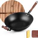 WANGYUANJI Cast Iron Wok Pan 12 inch Flat Bottom with Wooden Handle and Lid, Large Wok Stir Fry Pan Suitable for All Cooktops, Chinese wok with Free Dishcloth and Brush