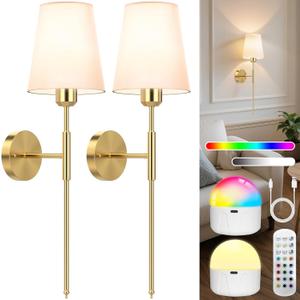 25.6 inch Battery Operated Wall Sconces Set of 2, Wireless Wall Lights with Rechargeable Bulbs & Remote, 15 Colors & Dimmable, Battery Powered Wall Lights for Bedroom, Living Room, Hallway (Glod)