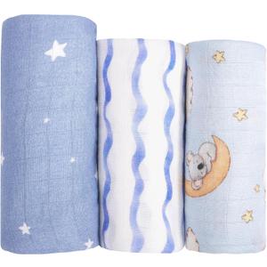 hahaland Muslin Swaddle Blankets Bamboo - 3-Pack, 1 Large (47" x 47") & 2 Standard (38" x 40") - Breathable Silky Soft Receiving Blankets Swaddles for Newborns Baby Boy Gifts Newborn Essentials, Blue