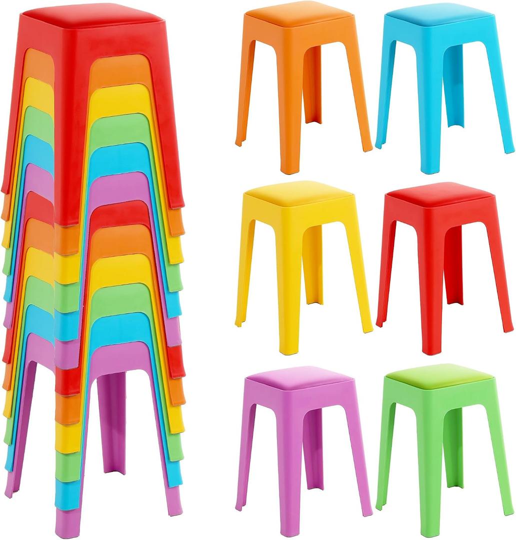 TURSTIN 12 Pieces Classroom Stools with Leather Pad Seats 18 Inch Colorful Plastic Stools Portable Backless Bar Chairs Flexible Seating Decorative Stool for Classroom Office Home School, Medium