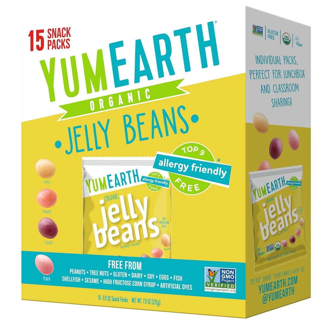YumEarth Organic Jelly Beans - Fruity Candy Snack Packs, Gluten Free Snacks for Kids - Allergy Friendly, Non-GMO, No Artificial Flavors or Dyes - Assorted Flavors, 7.5 oz. (Pack of 15), Best By 15 JUL/2026 
