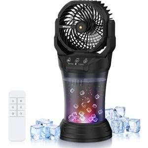 Wilody Misting Fan Portable Camping Fan Battery Powered with Remote Control, RGB Ambient Light with 2L Bucket, Battery Indicator, 120 Auto Oscillating, Timing Function, Grip Handle(Black), 7.5 inches x 7.5 inches x 17.2 inches