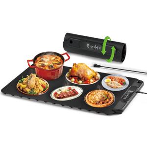 Food Warming Mat Electric Tray: YTLAD Silicone Heating Pad with 6 Level Adjustable Temperature and 5 Hours Timer & Family Lock, Foldable Food Warmers for Parties, Daily Use (Black, 25.6" x 15.55")
