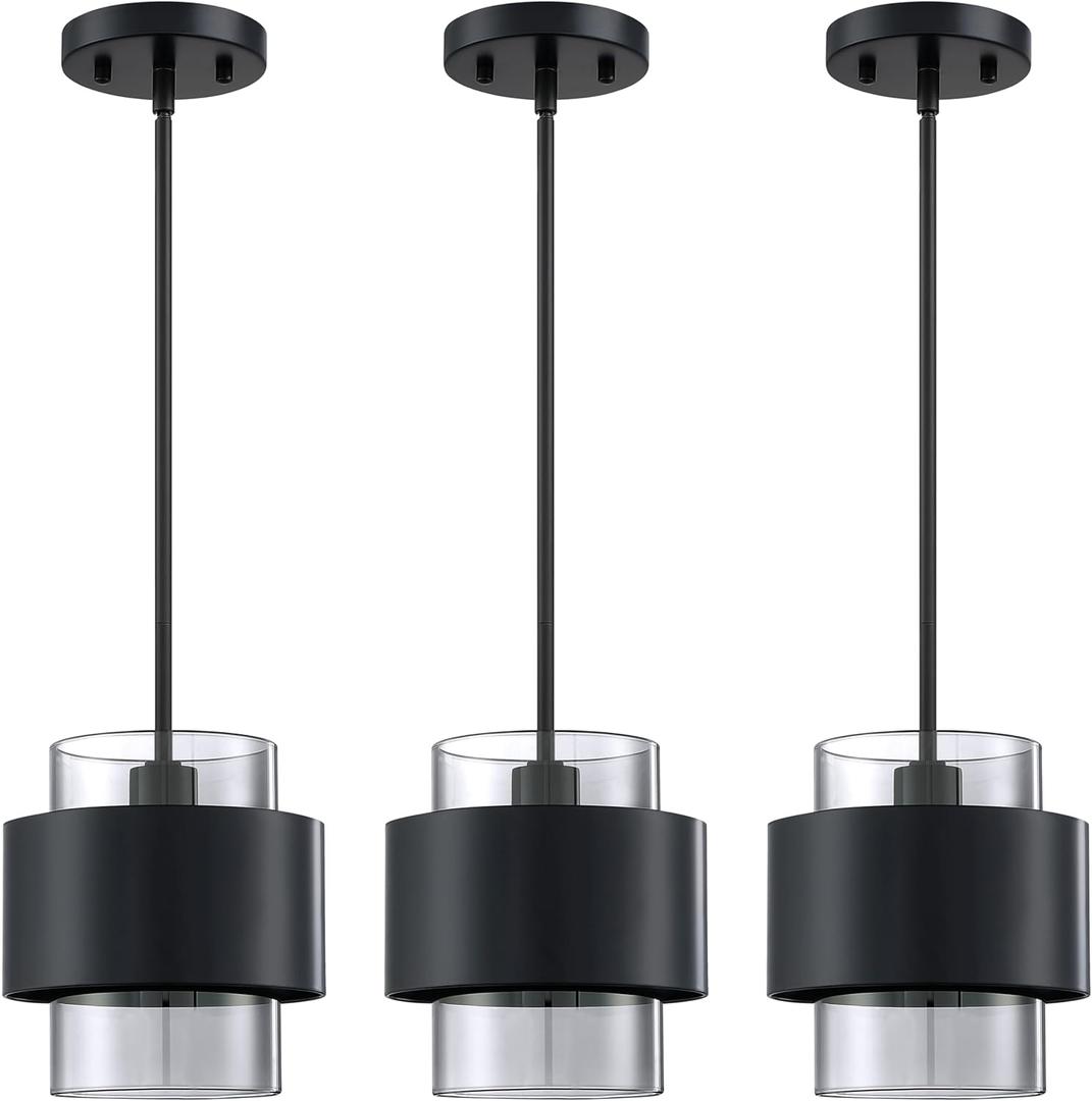 3 Pack 1 Light Hanging Indoor Kitchen Island Pendant Light 5.5" Drum Clear Smokey Glass Shade Pendant Ceiling Light Fixture,Black Finish Modern Farmhouse Dinning Over Sink (5.5'' Grey Glass Brushed Bronze)
