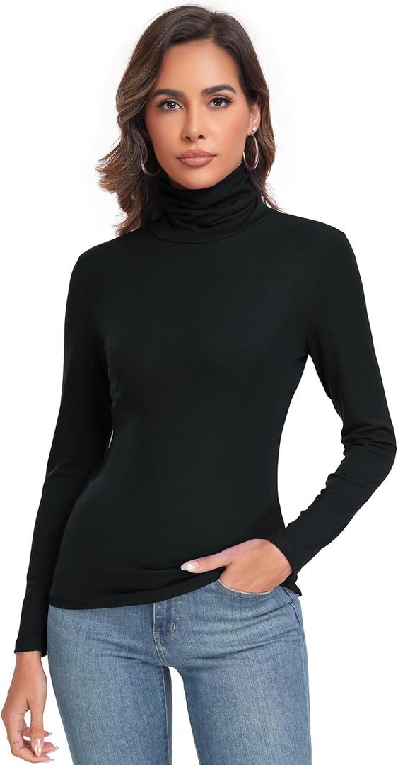 Women's Long Sleeve Casual Lightweight Turtleneck Top Slim Fit Thermal Active Layer Shirts (XX-Large, Black)
