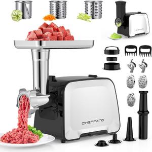 Electric Meat Grinder, 2000W Max Sausage Stuffer Maker, Vegetable Cheese Grater with 3 Shredder Slicer Blades, 2 Blades, 3 Plates, Sausage Tube, 2 Meat Claws, Burger Press & Kubbe Kit
