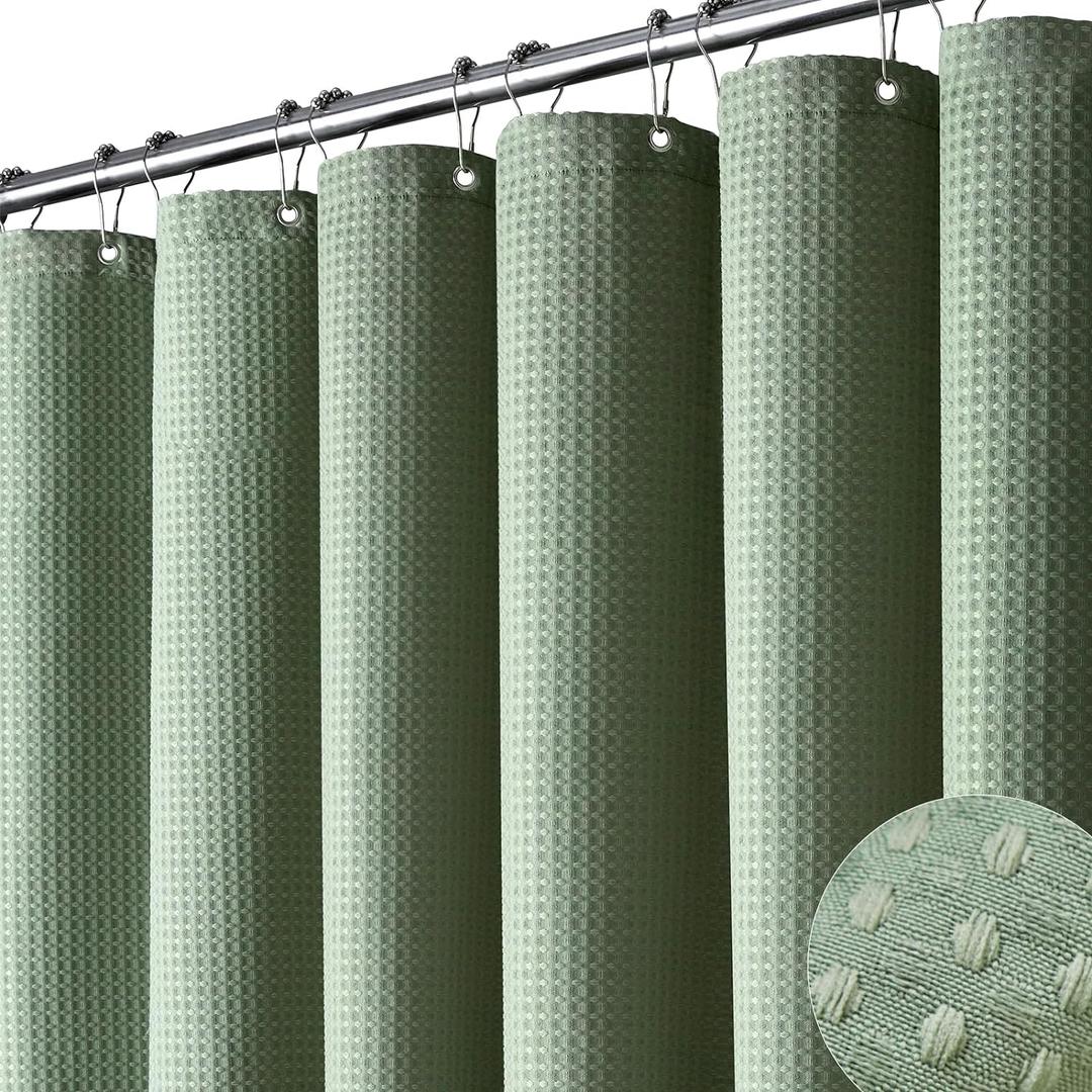Dynamene Extra Long Shower Curtain,84 Inch Long Waffle Weave Weighted Thick Fabric Bathroom Shower Curtain, Heavy Duty Large Hotel Bath Curtain Set with 12 Plastic Hooks,72x84,Sage Green