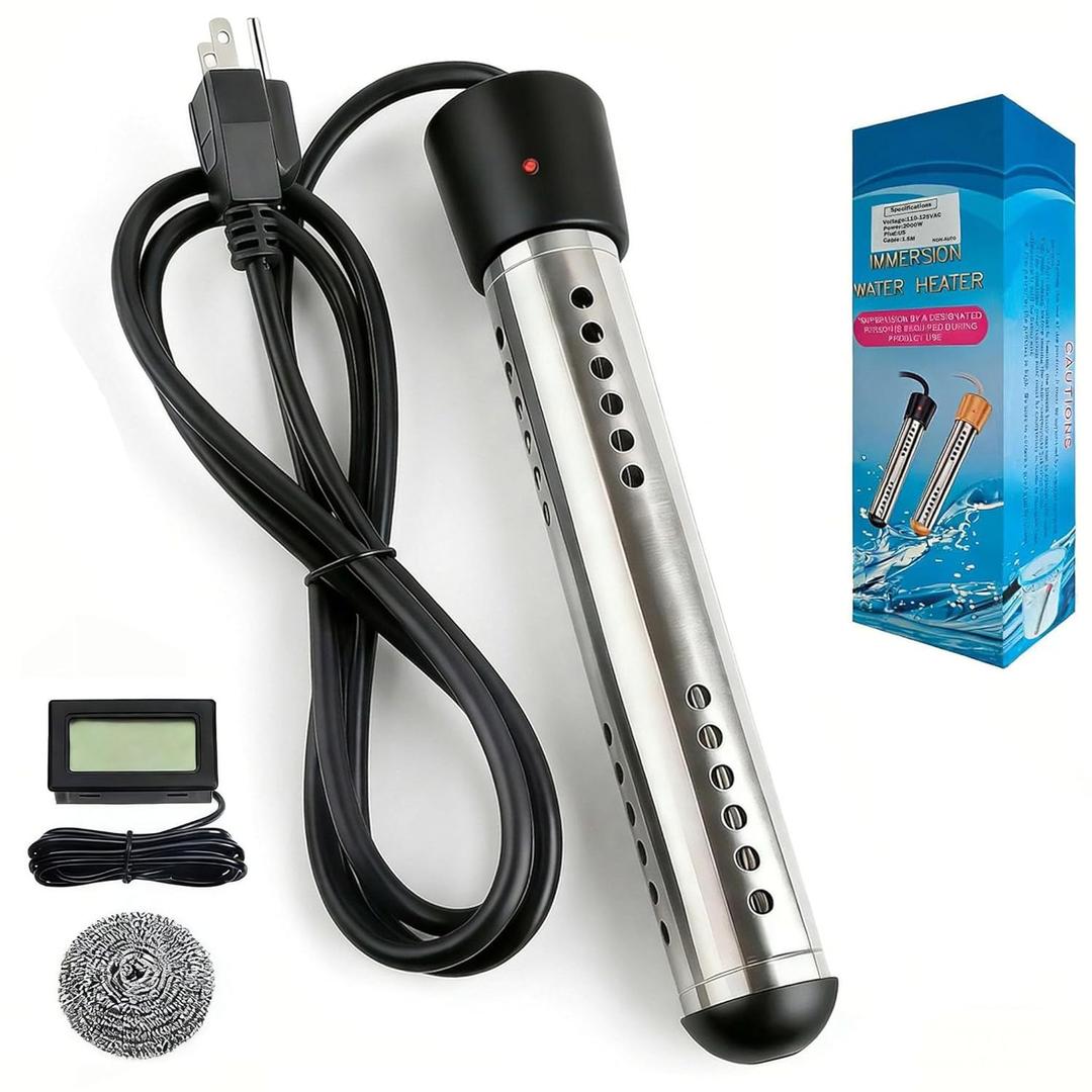 2000W Portable Immersion Water Heater with Stainless Steel Guard & Digital Thermometer, Submersible Electric Water Heater with Fast Heating for Small Pool, Bathtub, Bucket, Camping & Outdoor Use