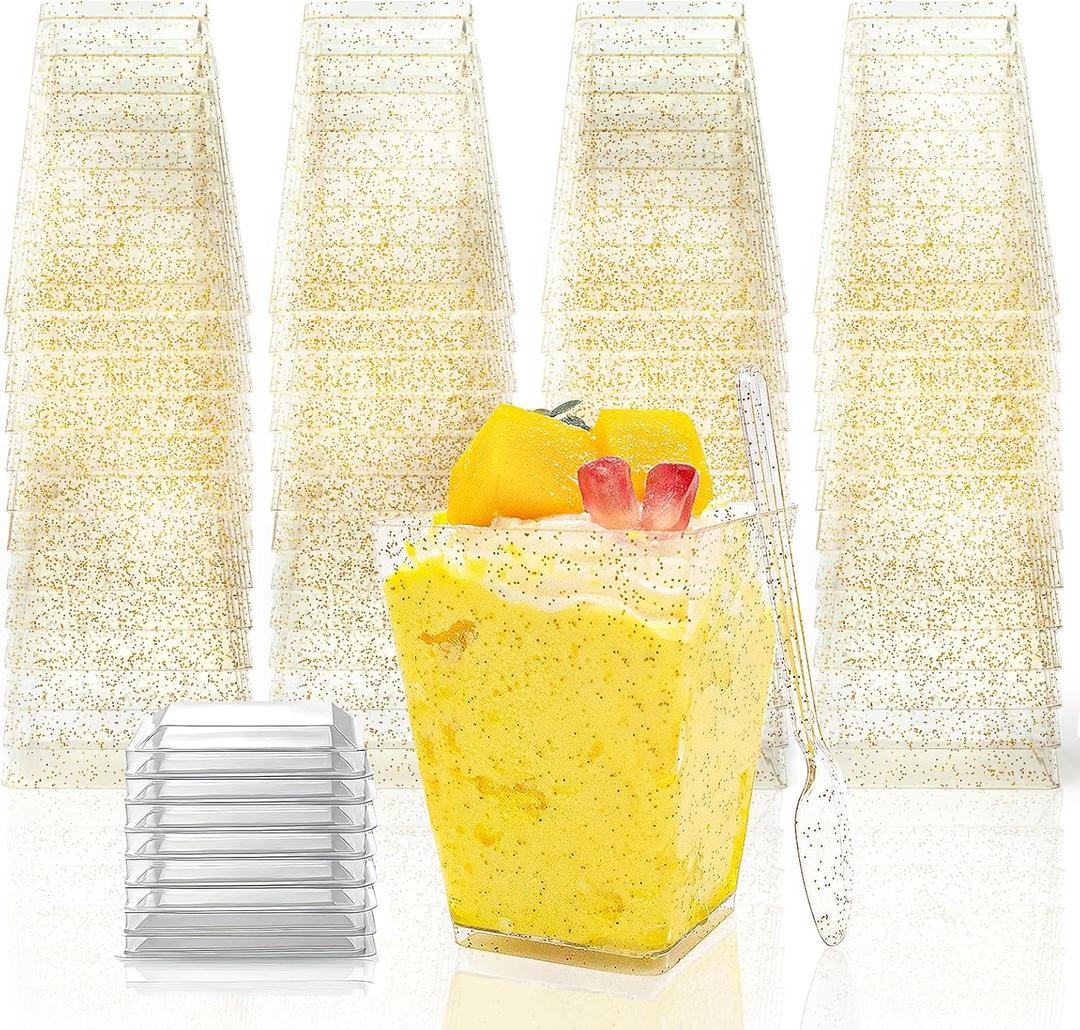 180 Pack Gold Glitter Dessert Cups with Lids and Spoons 5Oz Plastic Square Yogurt Parfait Appetier Cups for Party Disposable Small Dessert Shooter for Ice CreamFruit and Pudding