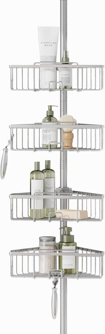 Zenna Home Tension Pole Shower Caddy, Corner Shower Storage System with 4 Adjustable Baskets, Bathroom Organization Solution, 60 to 108 Inch, Satin Nickel