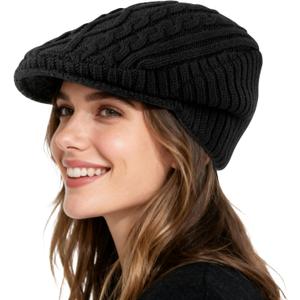 Women Winter Warm Knit Hat for Men Wool Snow Ski Caps with Visor Warm Fleece Lined Hat Soft Beanie Cap (Black)