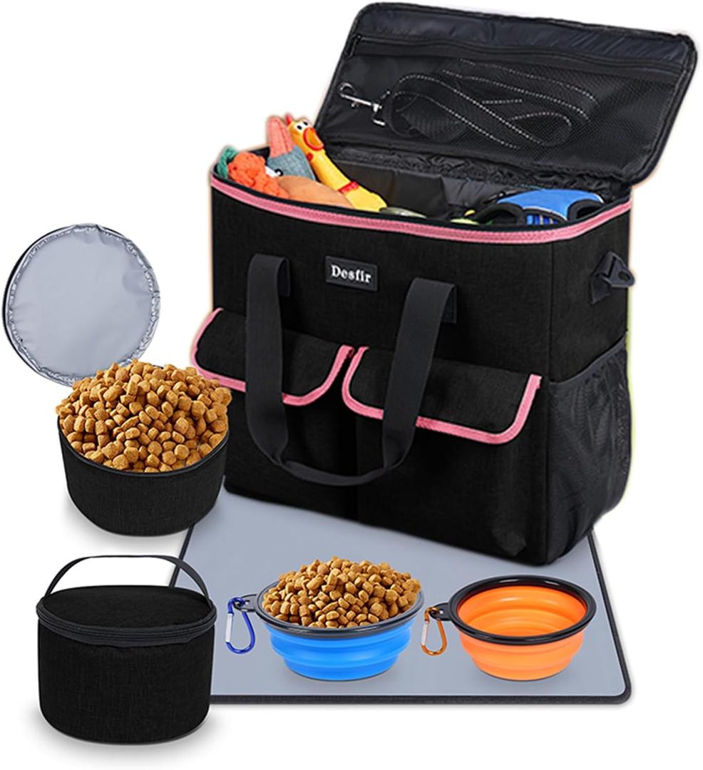 Dog Travel Bag - Dog Travel Kit for a Weekend Away Set Includes Pet Travel Bag Organizer for Accessories, 2 Collapsible Bowls, 2 Travel Food Container