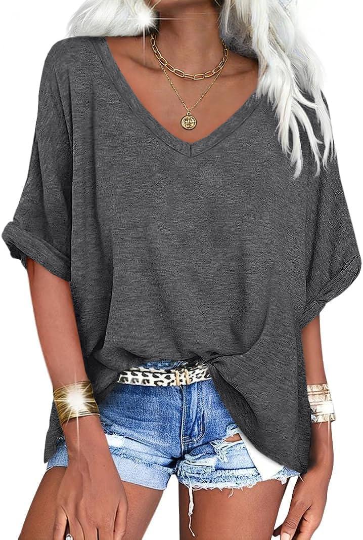 UNCLECAT Women's V Neck Oversized T-Shirts Summer Short Sleeve Shirts Loose Casual Tops Tee (Large, Dark Grey)