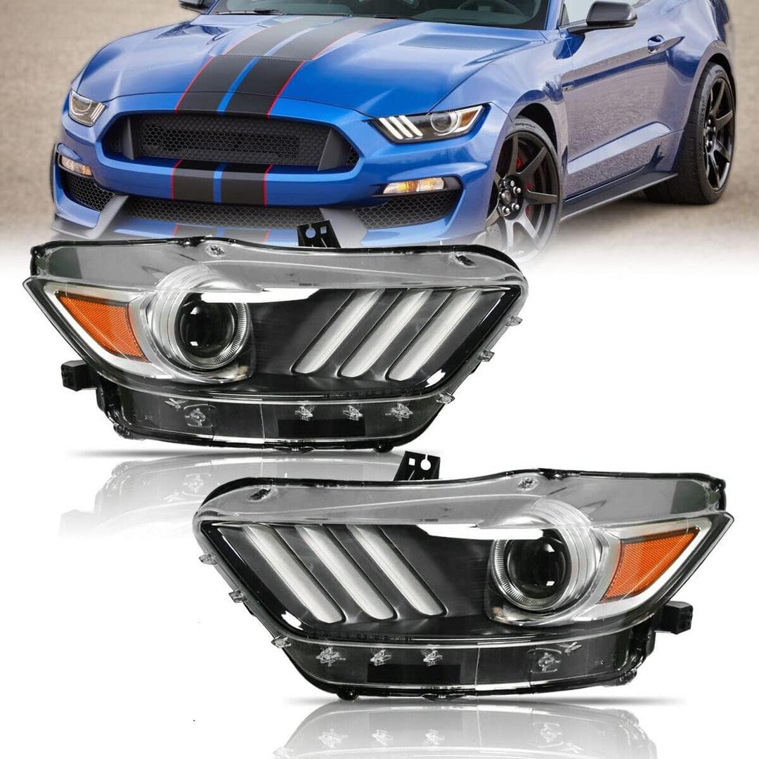 ROXX Projector Headlight Assembly w/LED DRL Fit for 2015-2017 Ford Mustang Coupe & Convertible / 2016-2020 Ford Shelby GB350 2020-2022 GB500 OE Style Headlamp Driver Left Side Replacement