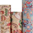 Aimyoo Blue Kraft Christmas Wrapping Paper Bundle, Kids Xmas Gift Wrap Paper Set, Stockings Santa Deers Candy Canes Snowman Designs,17 in x 16 ft per Roll