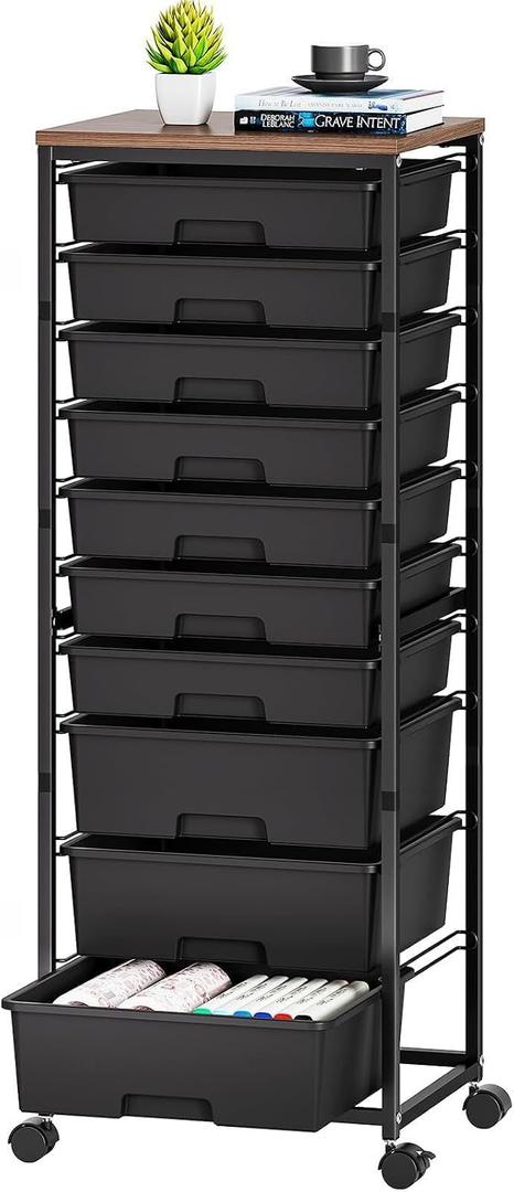 SYKIARIOL Rolling Storage Cart with 10 Drawers, Black