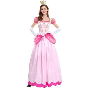 AFAVOM Princess Peach Costume with Crown and Gloves for Adult Women Halloween Birthday Party Dress up Fancy Cosplay Outfit (X-Large, Pink)