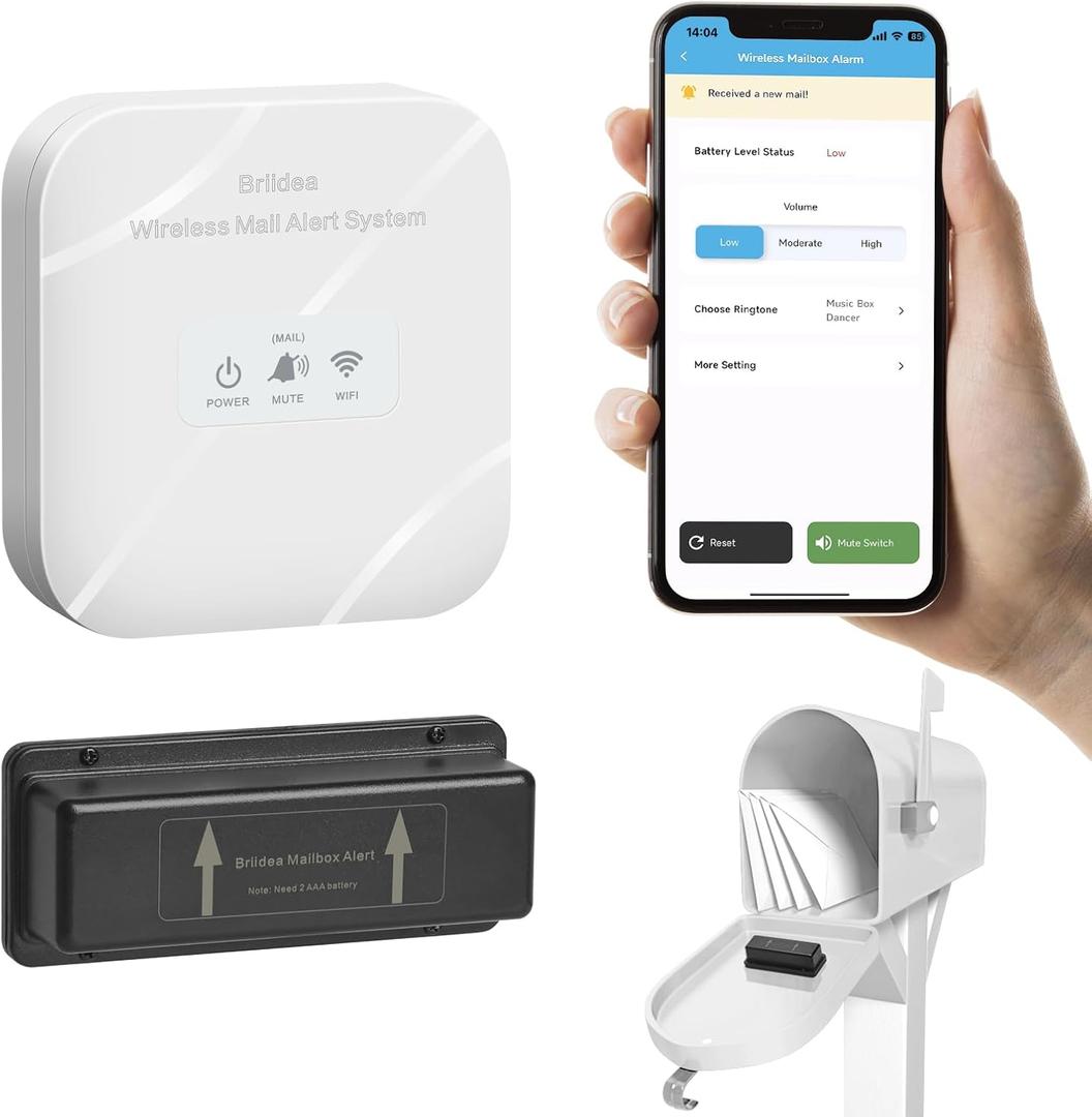 WiFi Mailbox Alert, Briidea 500ft Wireless Mailbox Alert with APP Control, Real-Time Mail Delivery Alerts, Remote Monitoring to Save Time & Prevent Mail Theft,IP67 Waterproof (white)