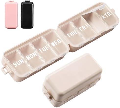 NEW Foldable Weekly Pill Organizer with Extra Grid, Portable 7 Day Pill Box Once / 1 Time a Day, Week Daily Medicine Organizer - Large Travel Pill Case Holder Dispenser for Vitamin, Supplement-Khaki