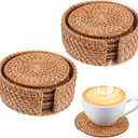 12 Pack Handmade Rattan Coasters with Holder, 4 Inch Natural Wicker Boho Drink Coasters Set, Heat Resistant Reusable Table Protectors for Home Decor, Brown