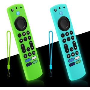 2-Pack Glowing Remote Cover for Insignia/Toshiba Smart TV Remote Controls, Anti-Slip Silicone Protective Case with Lanyard, Glow Green + Glow Blue GITD!