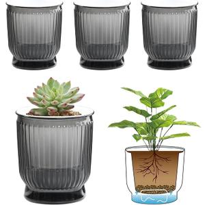 T4U 4 Inch Self Watering Plant Pot, 4 Pack Self Watering Pots, Self Watering Planter with Reservoir, Clear Self Watering Pots for Indoor Plants, African Violets, Flowers (4 Pack, 4", Clear)