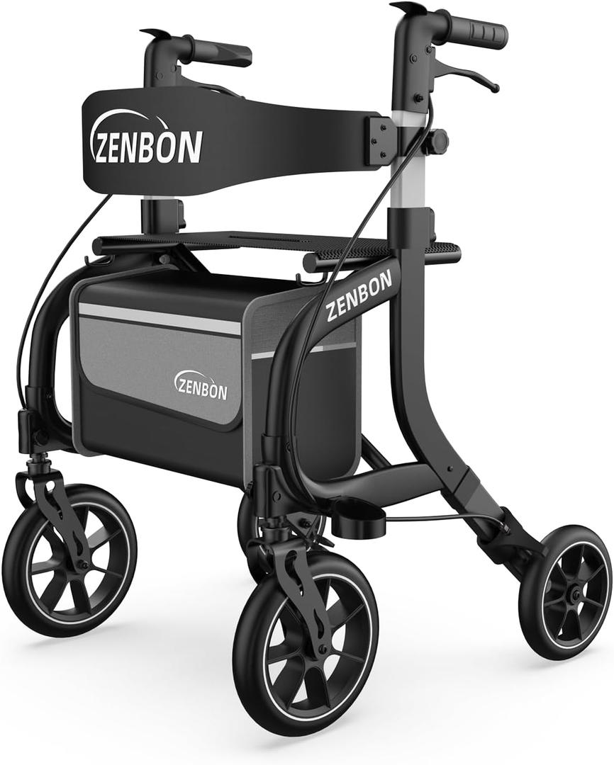 Rollator Walker for Seniors/Adults Foldable Rolling Walker with Seat 330 lbs Capacity 10 inch Wheels Hand Grips Adjustable Height Lightweight Aluminum Walker Removable Back Support 7210(Black)