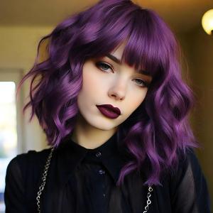 Purple Wig for Women Short Wavy Bob Wig With Bangs Heat Resistant Synthetic Wigs for Daily Party Cosplay Costume Wig Use