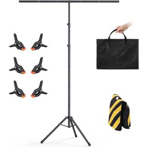 T-Shape Backdrop Stand 8x5.3FT, Height and Width Adjustable Background Stand for Parties,Green Screen Holder with 6 Spring Clamps