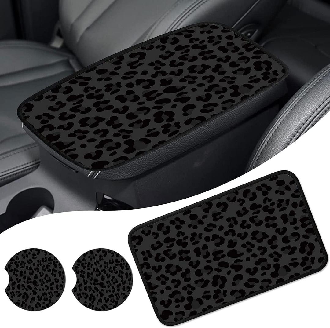 Leopard Car Center Console Covers Armrest Cover for Cars,Universal Waterproof Auto Arm Rest Covering,Black Cheetah Animal print Car Middle Console Armrest Seat Box Cover Protector+Car Coaster