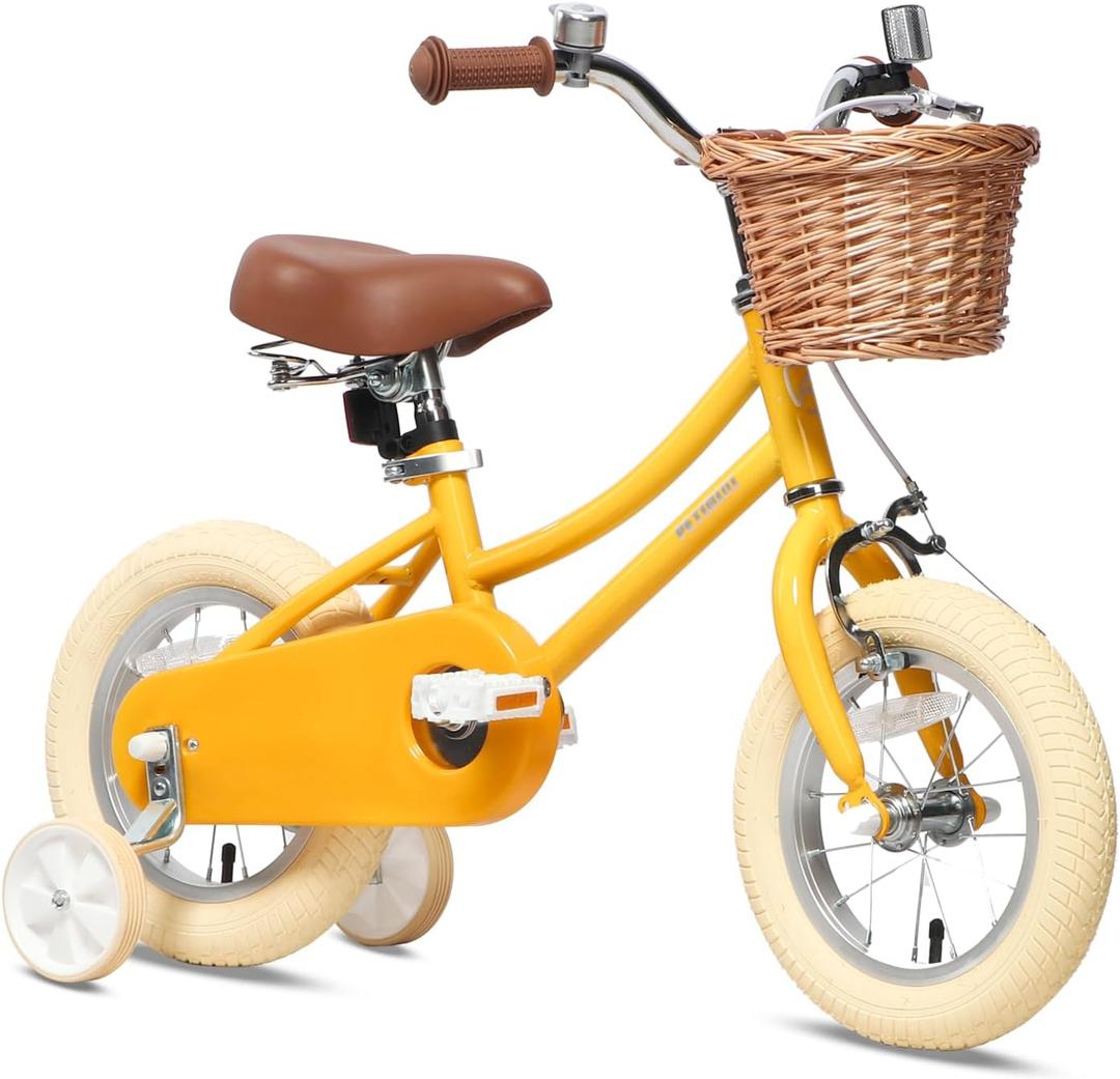 Petimini Vintage Kids Bike for Girls, 1220 Inch Classic Bicycle with Wicker Basket & Bell, High Tensile Steel Frame, Training Wheels (1218), 85% Pre-Assembled, Retro Bike for Outdoor Riding (Mango)