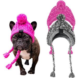 Dog Winter Hats 2pcs for Small Medium Dogs Pets Hand-Knitted Warm Hat with Ear Holes and Adjustable Straps Pink+Grey (Large)