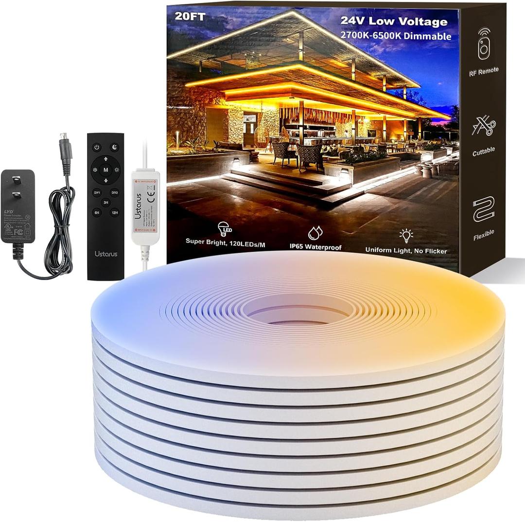 20FT Dimmable White LED Neon Strip Lights, Tunable 2700K6500K Flexible Rope Light with Remote, 24V LED Tape for Kitchen Cabinets, Bedroom, Mirror, Home Indoor Lighting
