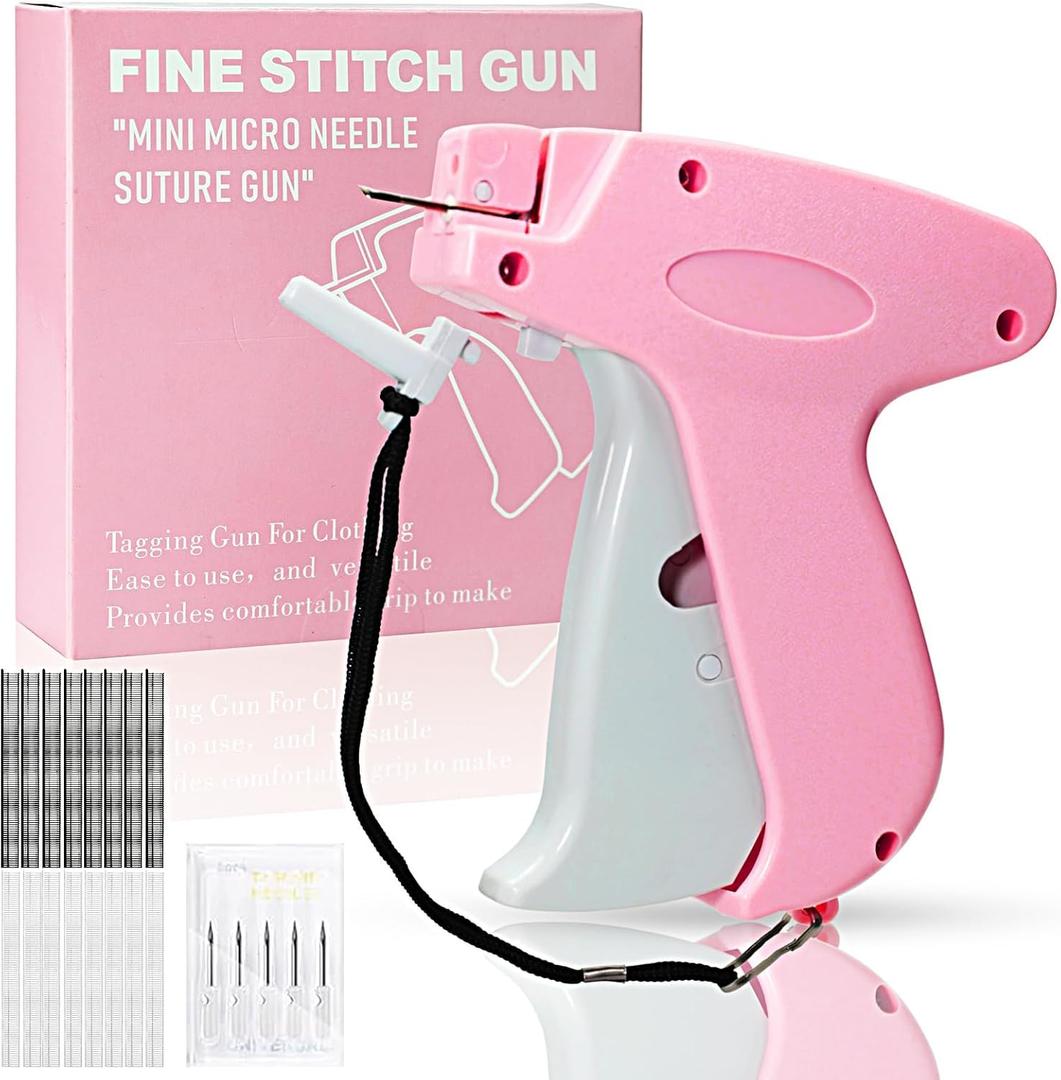 Stitch Gun for Clothes Handheld Stitch Gun Quick Clothing FixerSewing Kit Includes 1,000 Black Fasteners & 1,000 White Fasteners & 6 Needles (Pink)