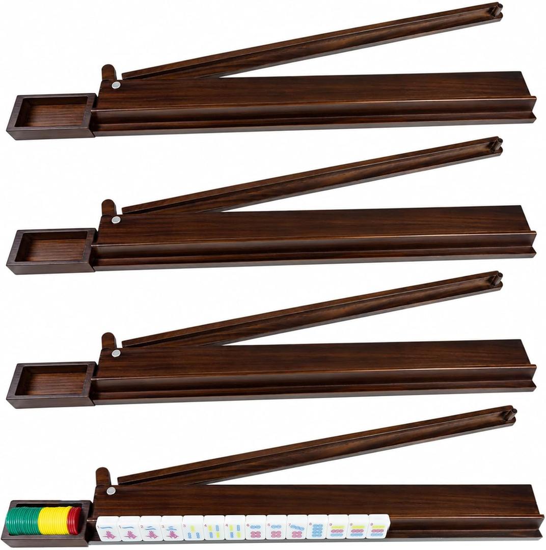 4PCS Mahjong Racks,21 Inches All-in-One Wooden Mahjong Racks with Pushers for Mahjong, Mexican Train,Dominoes,Includes Magnetic Chip Box (21-in)