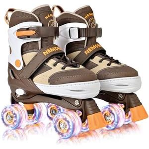 NEMONE Roller Skates for Boys Kids Ages Adjustable Light up Wheels, Todder Beginner Rollerskates Indoor Outdoor Sports Brown S