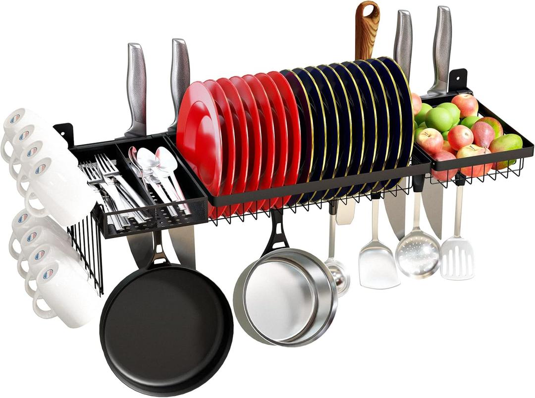 Adjustable Stainless Steel Wall Mounted Over the Sink Dish Drying Rack, Large Capacity Pot Rack Dish Rack with Utensil Holder for Kitchen Storage Organizer Patent Pending (Black)
