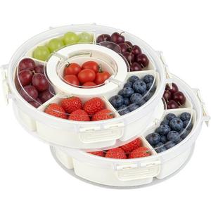 2 Packs Divided Serving Tray with Lid and Handle, Portable Round Snackle Box Container with 6 Compartments, Snack Bento Box for Party, Picnic, Travel, Beige