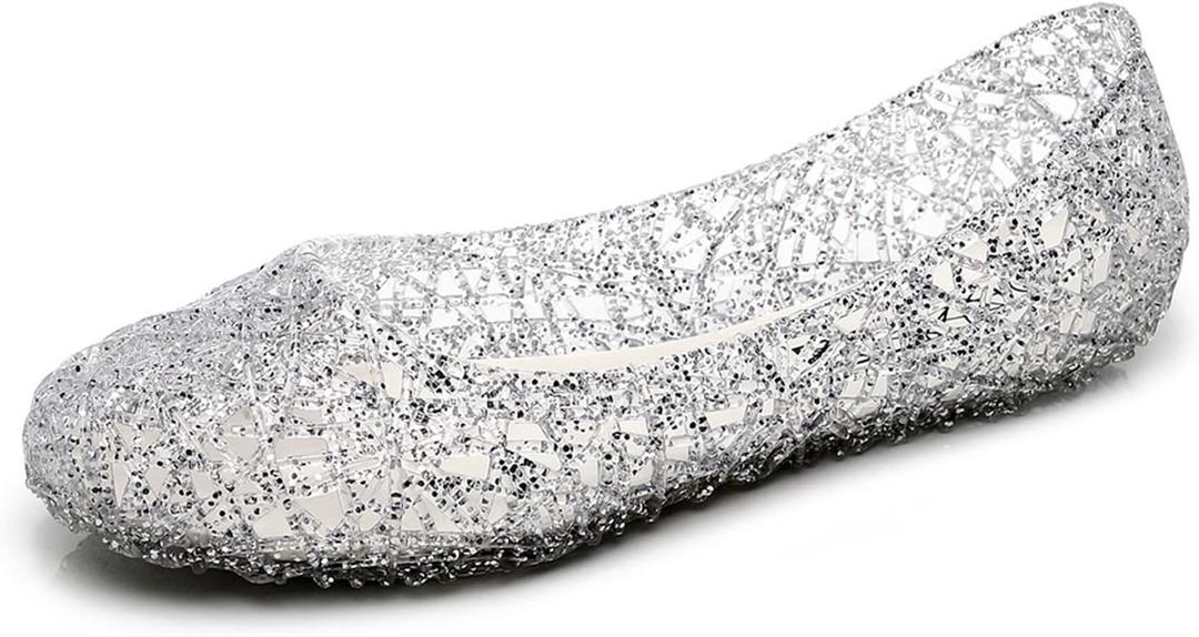 Womens Jelly Sandals, White Jelly Shoes Glitter Flats for Women Size 9, Slip On Summer Ballet Flat Transparent Layered Lines Bird Nest Soft Hollow Out Loafers (6)